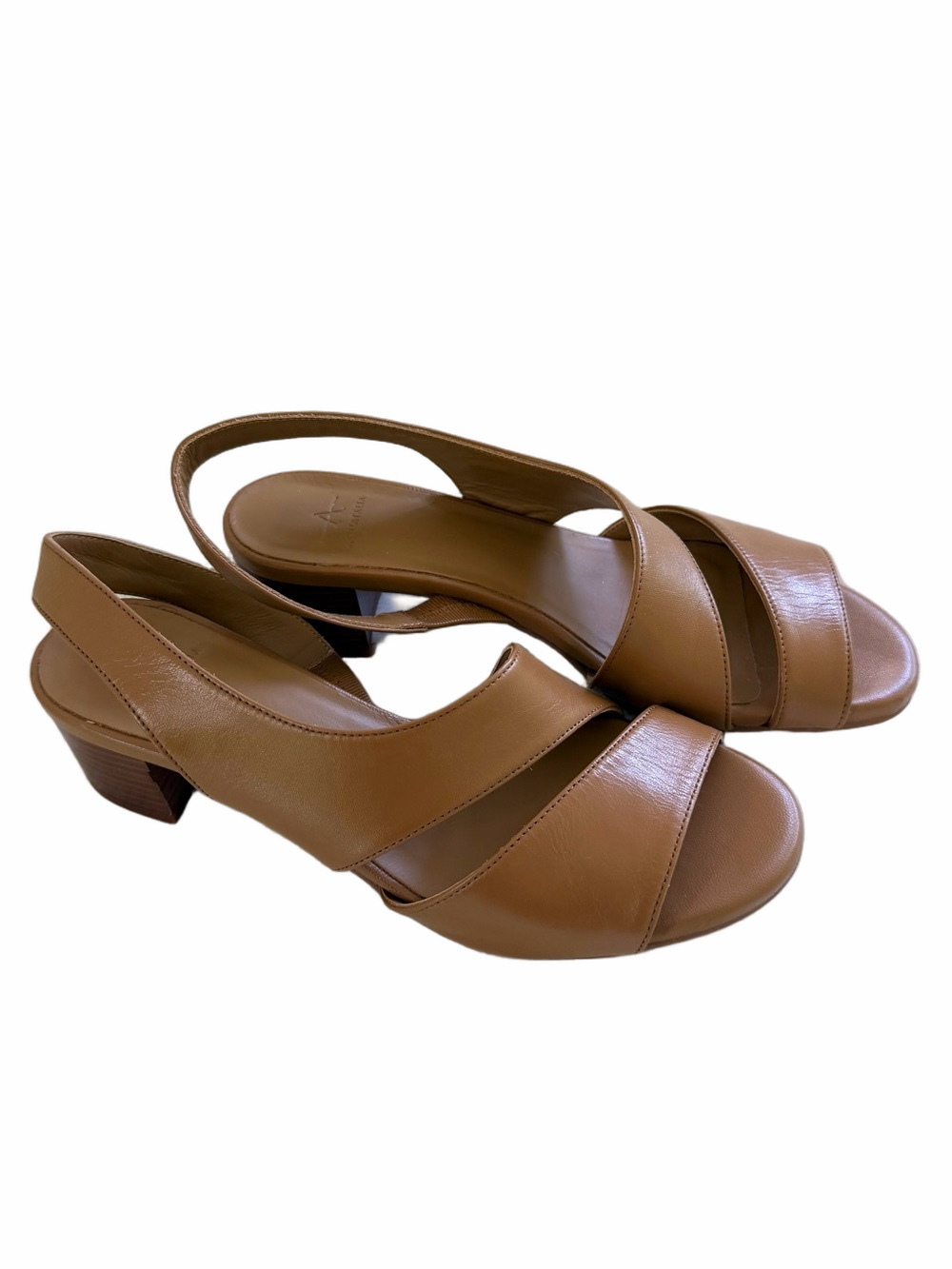 Aquatalia Tan Leather Strappy Block Heel Slingback Sandals Size 7.5 EUC